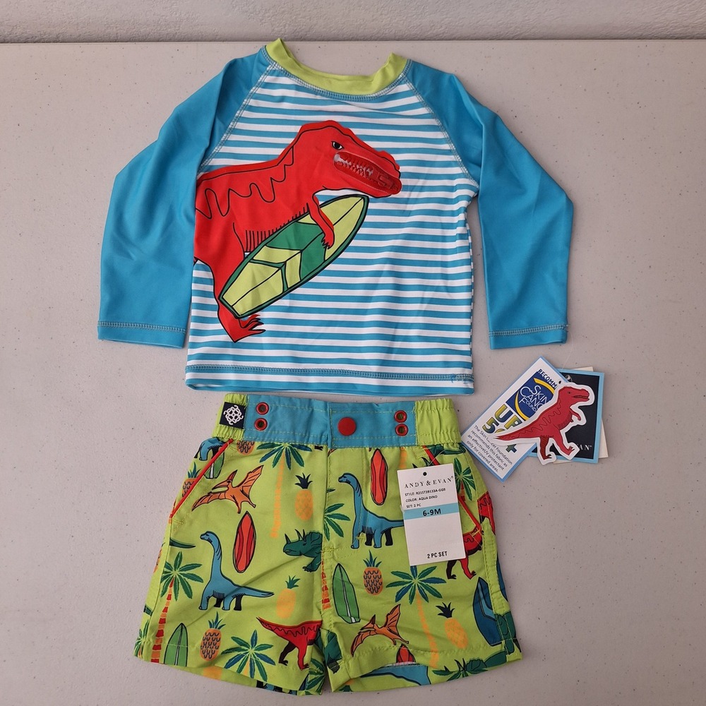 Andy & Evan Baby Boys 6-9M Aqua Dino 2-Piece Rashguard Swimsuit Set NWT